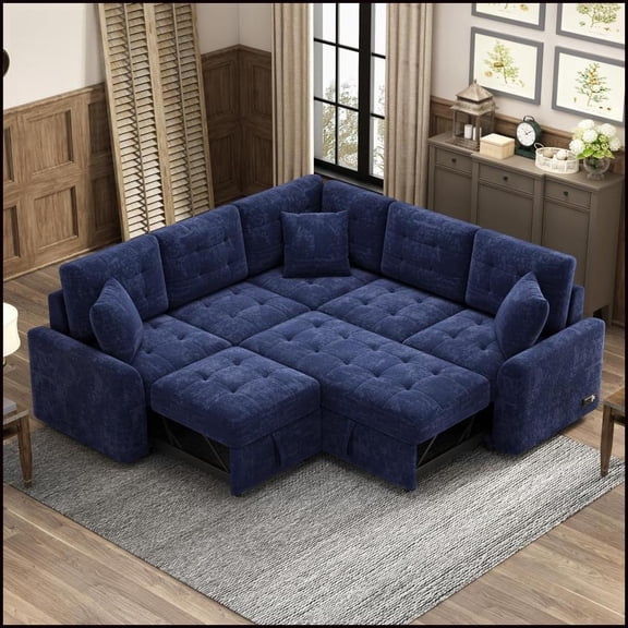 82.6” Convertible L-Shaped Sofa Bed with USB Ports, Power Sockets & Wheels – Navy Blue Corded Velveteen | Navy Blue | Velvet | Foam