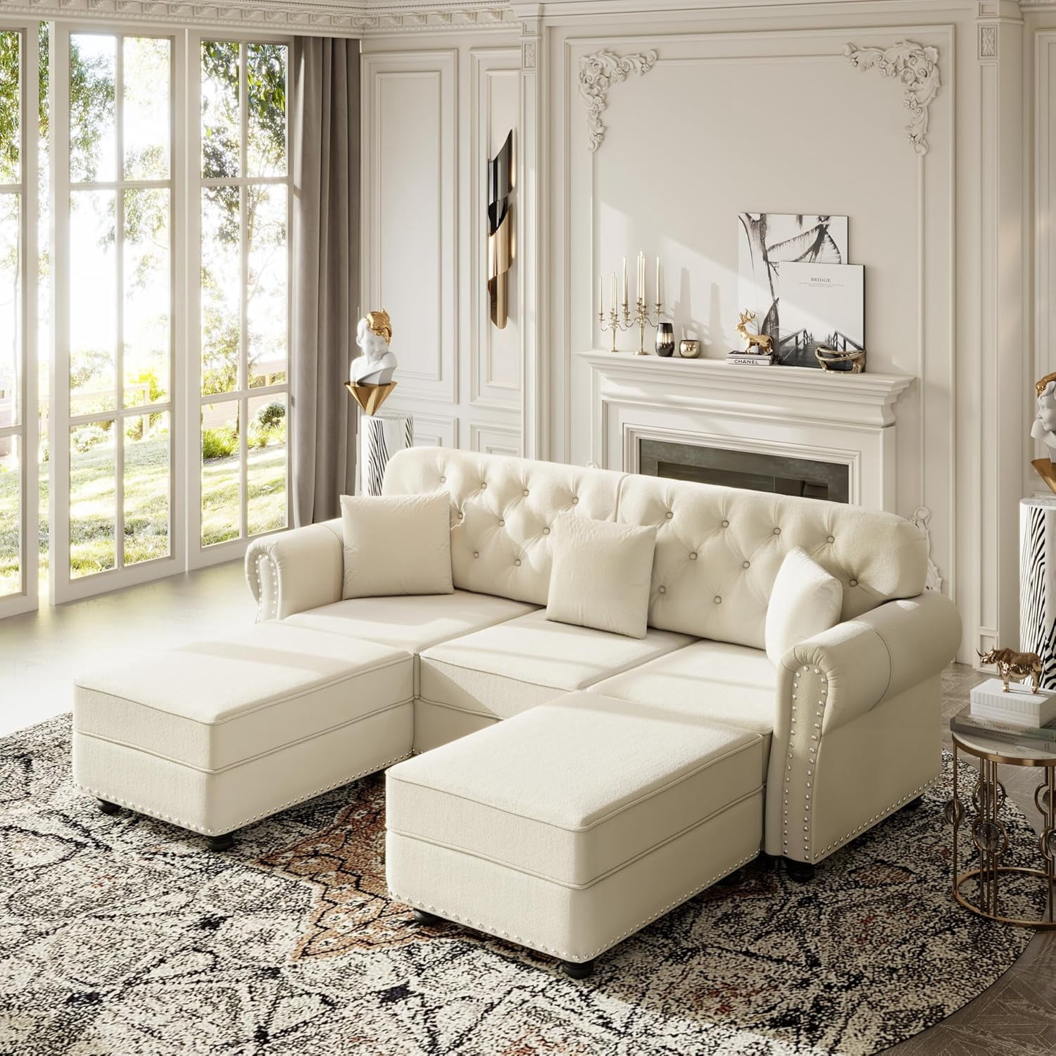 82.6'' Velvet Chesterfield Sofa, Modular Sectional Couch with 2 Ottomans, U Shaped Couches, 3 Seater Living Room Sofas Set, Modern Comfy Chaise Lounge, 3 Pillows for Apartment, Beige