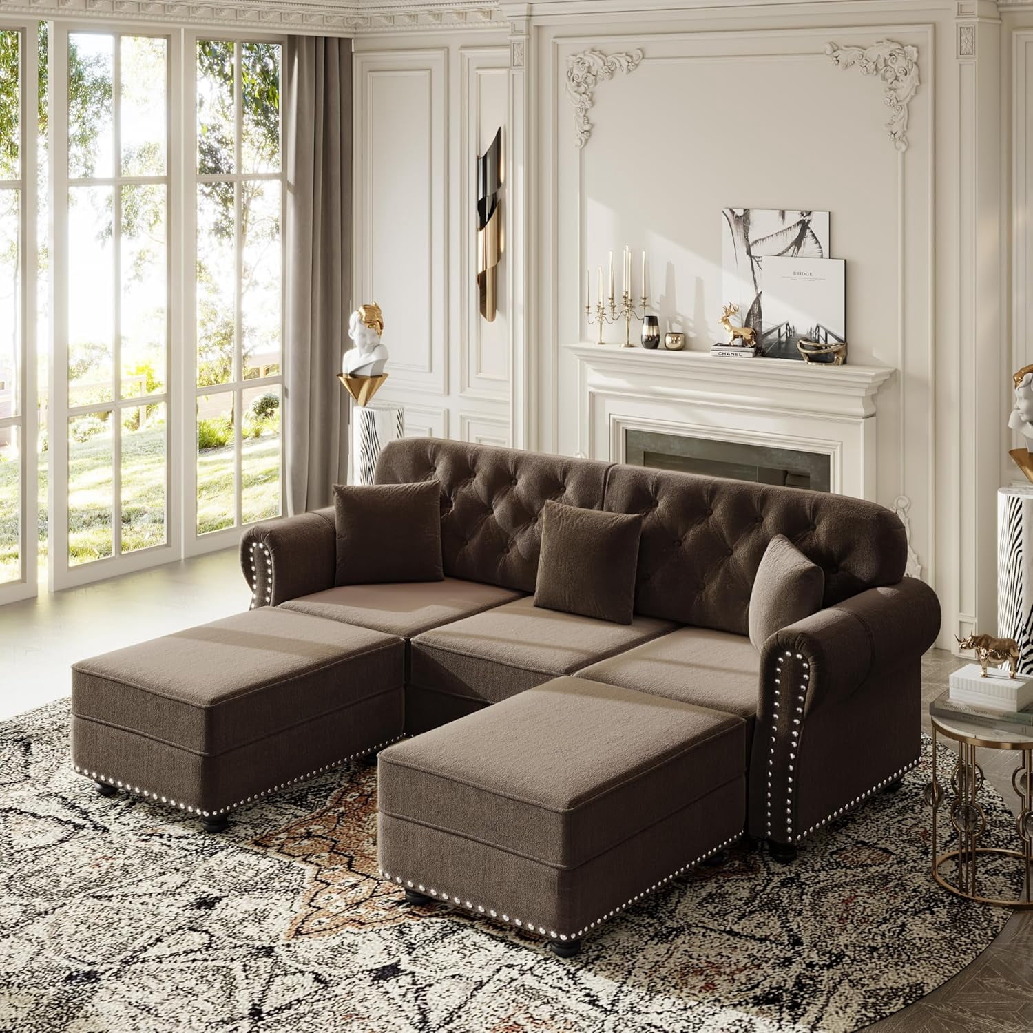 82.6'' Velvet Chesterfield Sofa, Modular Sectional Couch with 2 Ottomans, U Shaped Couches, 3 Seater Living Room Sofas Set, Modern Comfy Chaise Lounge, 3 Pillows for Apartment, Brown