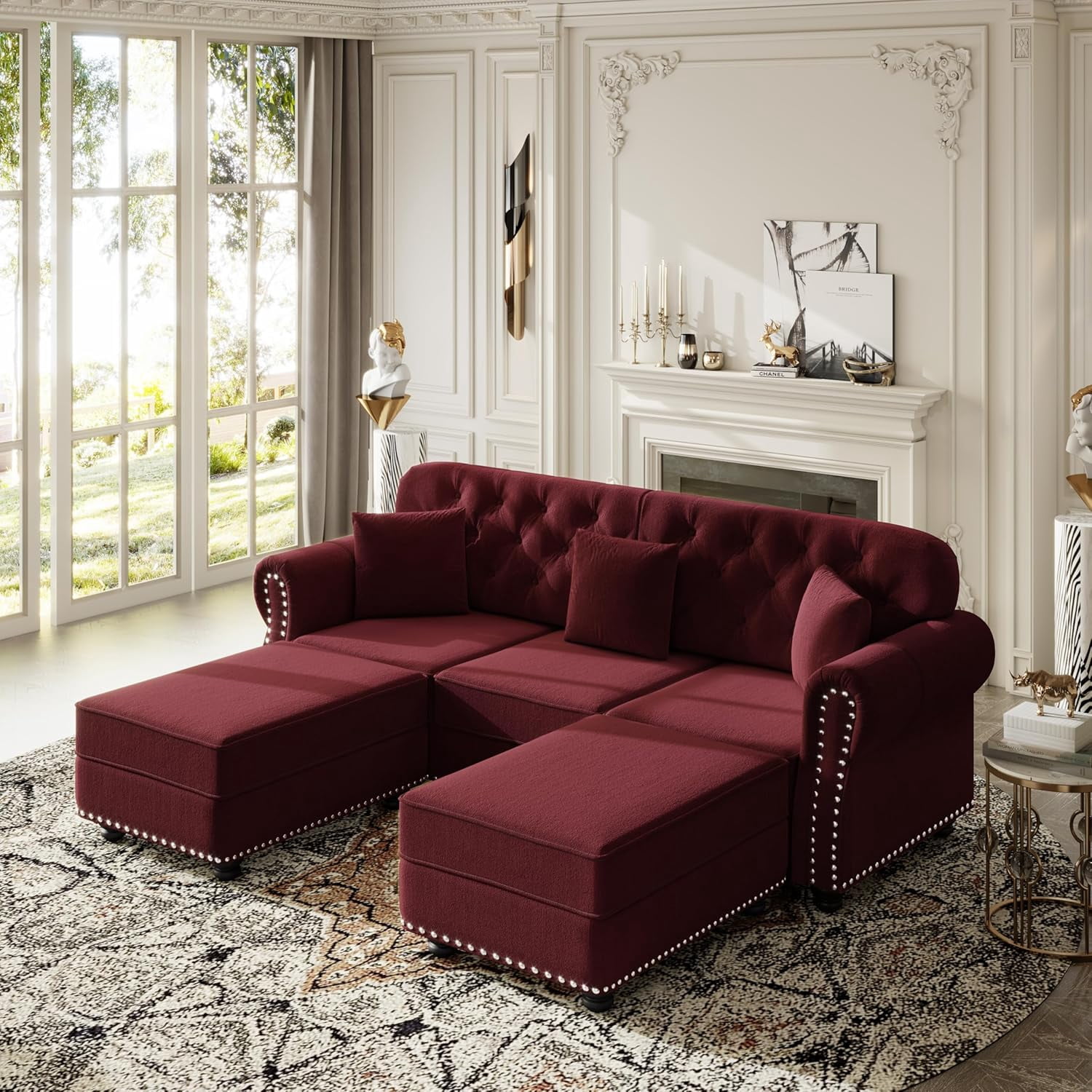 82.6'' Velvet Chesterfield Sofa, Modular Sectional Couch with Ottoman, L Shaped Couches, 3 Seater Living Room Sofas Set, Modern Comfy Chaise Lounge, 3 Pillows for Apartment, Wine Red