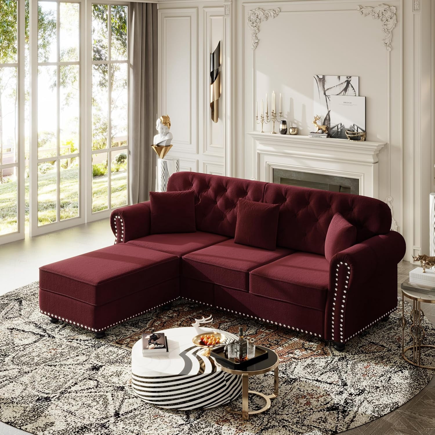 82.6'' Velvet Chesterfield Sofa, Modular Sectional Couch with Ottoman, L Shaped Couches, 3 Seater Living Room Sofas Set, Modern Comfy Chaise Lounge, 3 Pillows for Apartment, Wine Red
