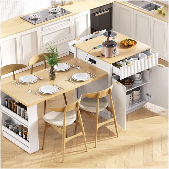 82.6" White Kitchen Island with Extendable Table, Fluted Design, Built-in Power Outlet, Ample Storage for Small Spaces, Modern Dining & Prep Station