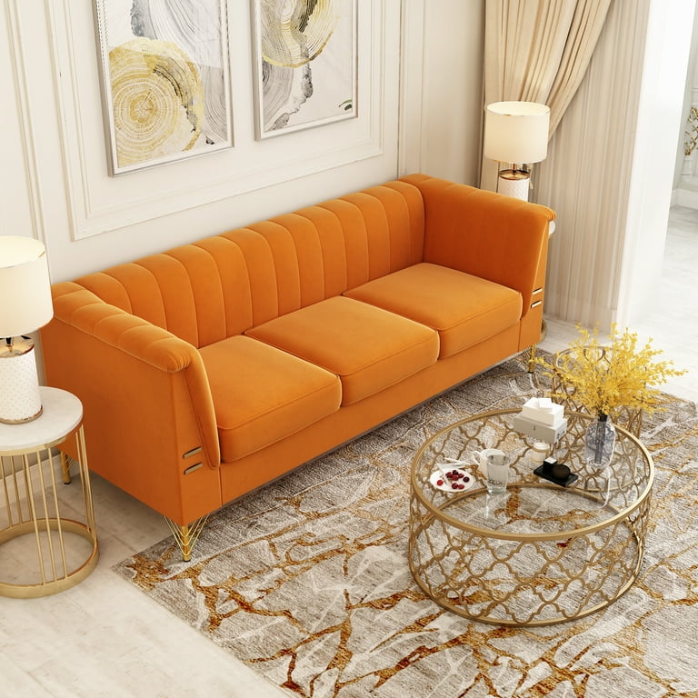 82.67in Modern Velvet Fabric 3 Seater Sofa Button Tufted Sofa