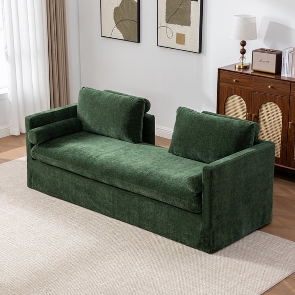 82.68" Wide Extra-large Double-seater Sofa, Chenille Upholstered, 2 Armrest Pillows & 2 Backrest Pillows, Green, for Bedroom Living Room Window Seating