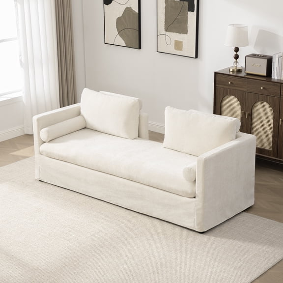 82.68" Wide Extra-large Double-seater Sofa, Chenille Upholstered, With Two Armrest Pillows And Two Backrest Pillows, Suitable For Bedrooms, Living Rooms, And Window Seating.Beige