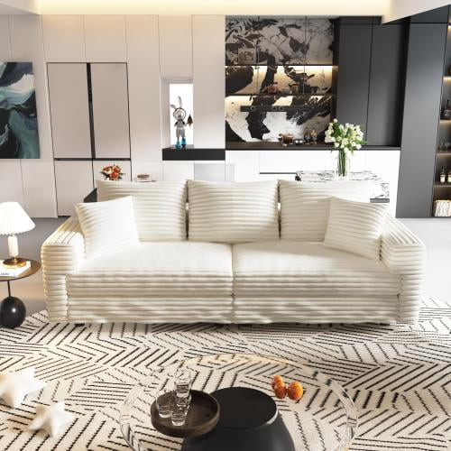 82.7" Corduroy Sofa 3-Seat, Modern Cloud Couch with Deep Seats and Soft Pillows, Upholstered Convertible Lounge Chair for Living Room Apartment, Beige and White