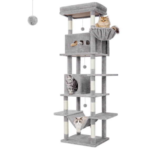 82.7-Inch Cat Tree, Large Cat Tower for Indoor Cats, Condo with Perch, Cat House Furniture with 2 Caves, 8 Scratching Posts, Hammock, Pom Poms, Washable Cushion, Light Gray