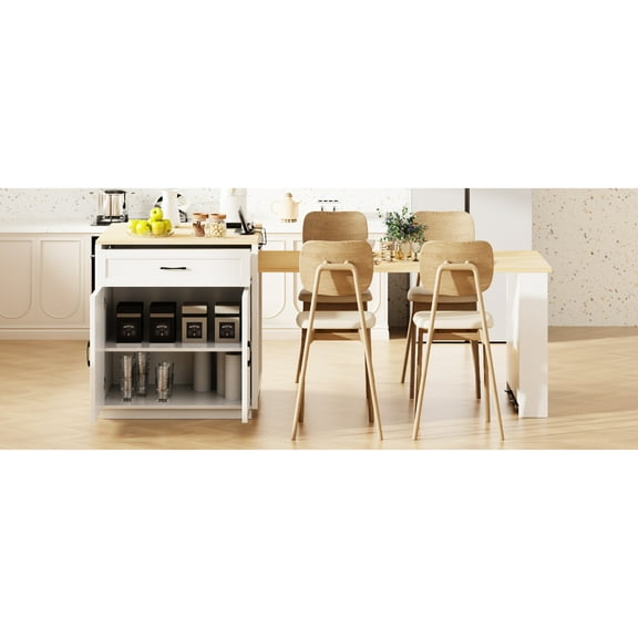 82.7 Inch Kitchen Island With Extendable Table For 2-6, White Cabinet, Double Storage Design, Power Outlet, 2 Side Open Shelves Dining 2-6 People, White, Storage, Lockable Wheels, Adjustable Shelf,