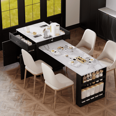 82.7-Inch Kitchen Island with Extendable Dining Table, Faux Marble Top, w/Double-Sized Storage, Power Outlet and 2 Drawers, for 2-6 Person, Black