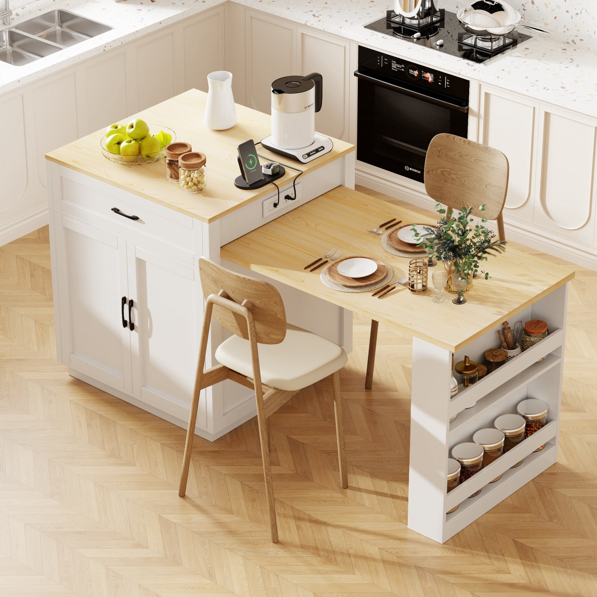 82.7-Inch Kitchen Island with Extendable Dining Table for 4-6 People, Rolling Kitchen Cart with Power Outlet and 2 Drawers for Kitchen, White Oak