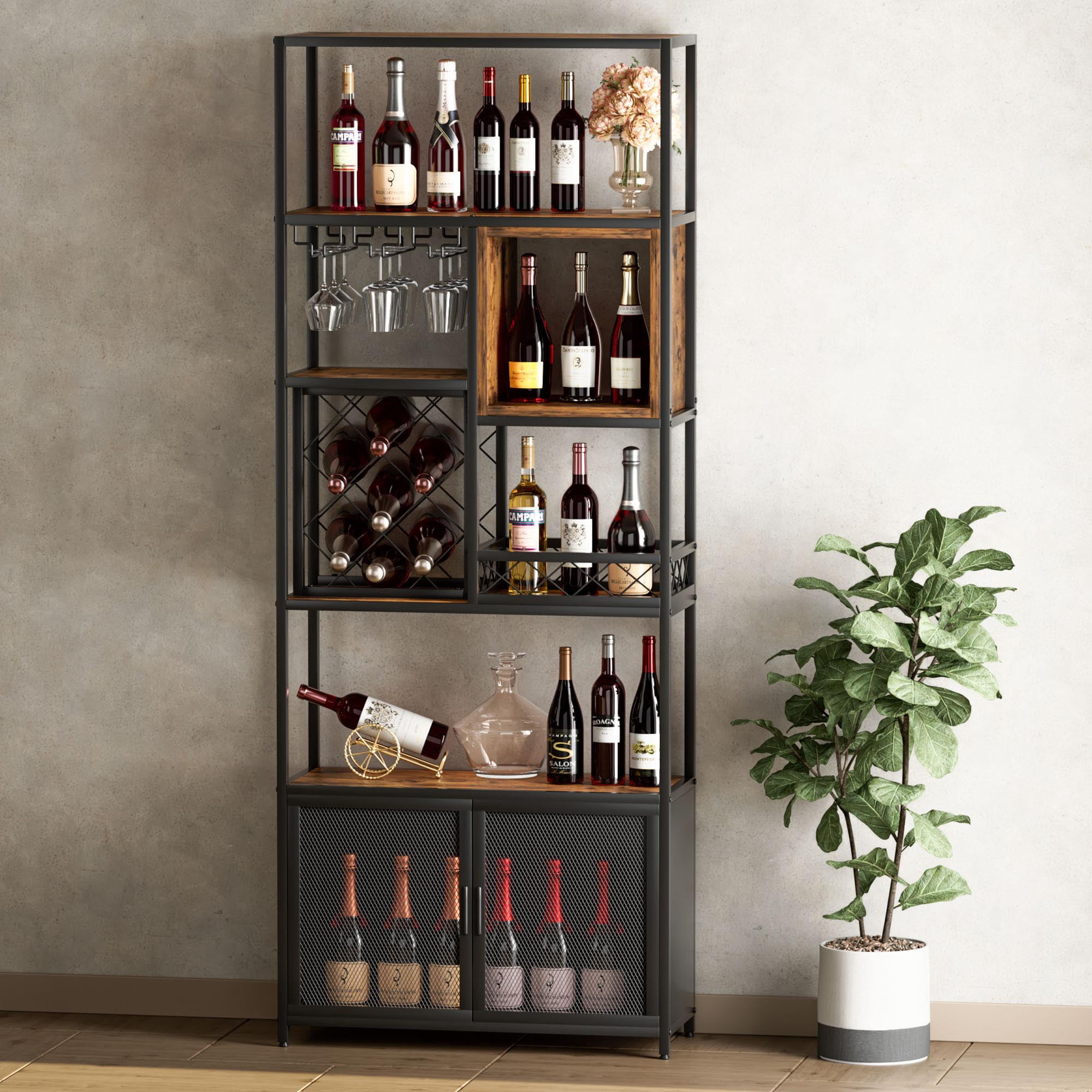 82.7 Industrial Tall Black Bar Wine Rack Cabinet with Glass Holder Wood Home Bar Cabinet Walmart