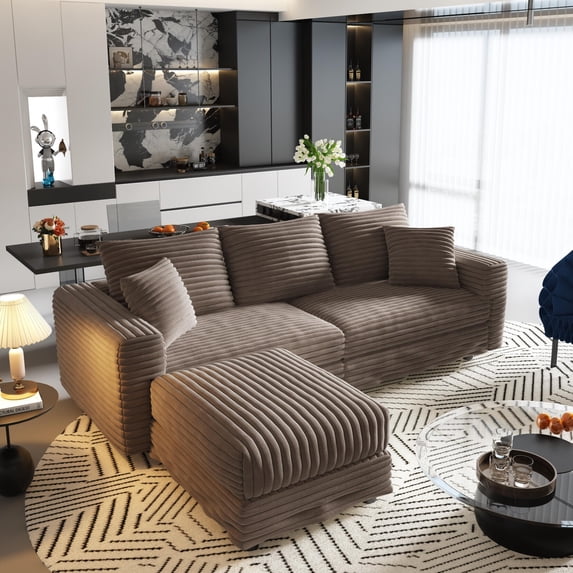 82.7" Modular Sectional Sofa, 3-Seat Upholstered Sofa Cloud Couch, Deep Seat Convertible Sofa Lounge Chair with Soft Pillows and 1 Ottoman for Living Room, Apartment, Office, Camel