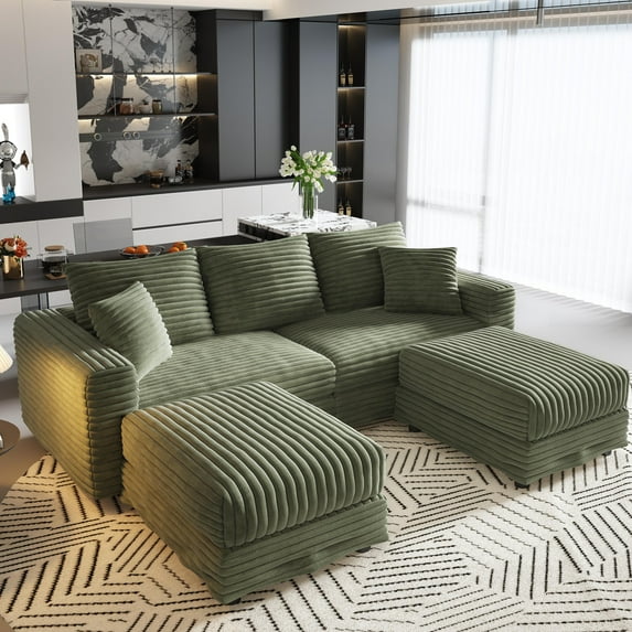 82.7'' Oversized Corduroy Couch, Modular Sectional Sofa with 2 Ottomans, Upholstered 3 Deep Seat U Shape Sofa, Convertible Cloud Couches with Chaise Lounge for Living Room, Apartment,Green