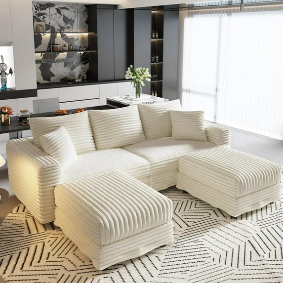 82.7'' Oversized Corduroy Couch, Modular Sectional Sofa with 2 Ottomans, Upholstered 3 Deep Seat U Shape Sofa, Convertible Cloud Couches with Chaise Lounge for Living Room, Apartment, Beige