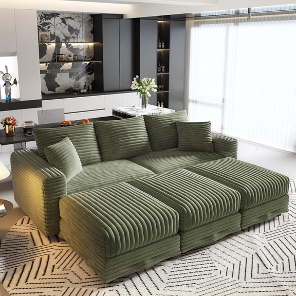 82.7'' Oversized Corduroy Couch, Modular Sectional Sofa with 3 Ottomans, Sleeper Sofa Bed Full Size, Upholstered 3 Deep Seat L Shape Sofa, Convertible Cloud Couches for Living Room, Green