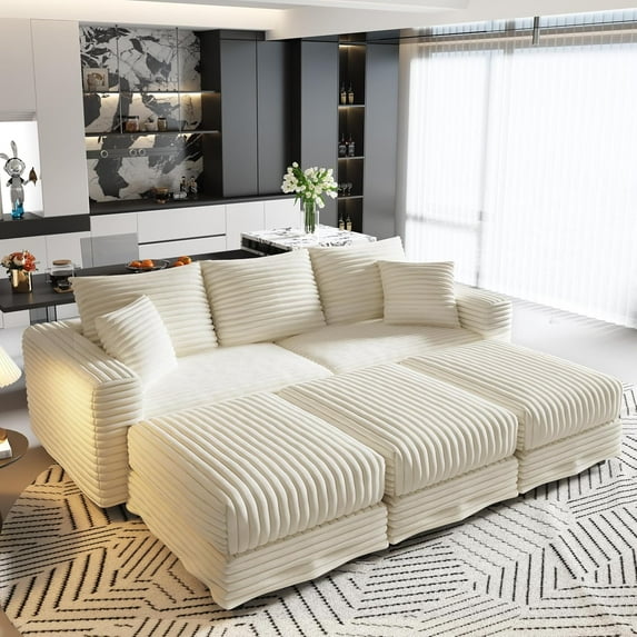 82.7'' Oversized Corduroy Couch, Modular Sectional Sofa with 3 Ottomans, Sleeper Sofa Bed Full Size, Upholstered 3 Deep Seat L Shape Sofa, Convertible Cloud Couches for Living Room, Beige