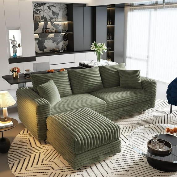 82.7'' Oversized Corduroy Couch, Modular Sectional Sofa with Ottoman, Upholstered 3 Deep Seat L Shape Sofa, Convertible Cloud Couches with Chaise Lounge for Living Room, Apartment, Green