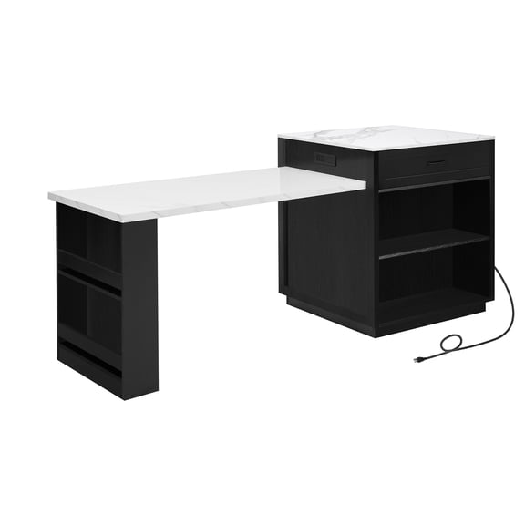 82.7 inch Kitchen Island with Extendable Dining Table for 4-6 Person,Faux Mable Kitchen Table with Double-sized Storage,Power Outlet,Kitchen island with Storage 2 Drawers 2 Side Open Shelves,Black