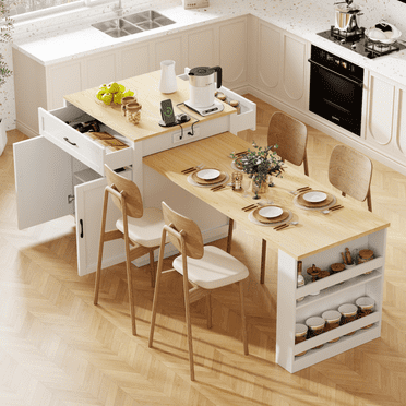 82.7" Multi-Functional Kitchen Island – Expandable Design with Built-In Power Station & 4-Drawer Storage System for Kitchen & Dining Room, Bright White & Natural Oakk