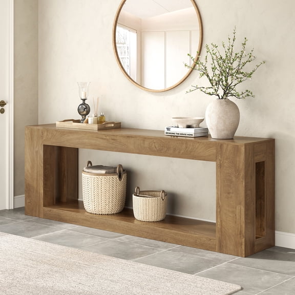82.6-Inch Farmhouse Console Table with Storage Shelf, Natural Wood Finish - Extra Long Sofa Table Behind Couch, Entryway Table for Entrance, Hallway, Living Room
