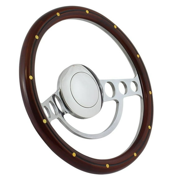 82-84 FORD Ranger (midsize), Bronco II 14 Inch Polished (9 Hole) Classic Steering Wheel Mahogany Wood with Brass Rivets Half Wrap