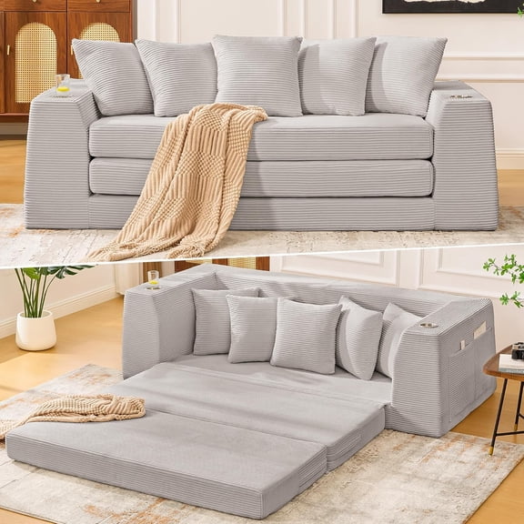 82'' Boneless Loveseat Sleeper Sofa, Convertible Sofa Bed with Side Pocket Cup Holders, Corduroy Pull Out Floor Couch with 5 Pillows, Folding Mattress Couch for Small Spaces No Assembly (Light Grey)