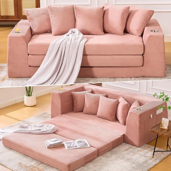 82'' Boneless Loveseat Sleeper Sofa, Convertible Sofa Bed with Side Pocket Cup Holders, Corduroy Pull Out Floor Couch with 5 Pillows, Folding Mattress Couch for Small Spaces No Assembly (Pink)