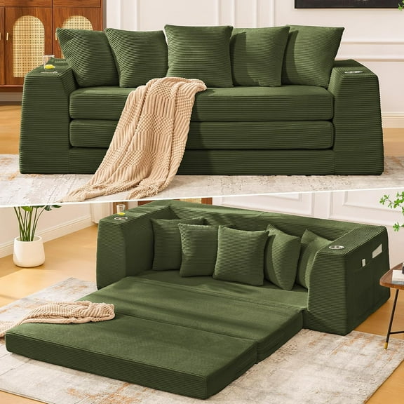82'' Boneless Loveseat Sleeper Sofa, Convertible Sofa Bed with Side Pocket Cup Holders, Corduroy Pull Out Floor Couch with 5 Pillows, Folding Mattress Couch for Small Spaces No Assembly (Green)