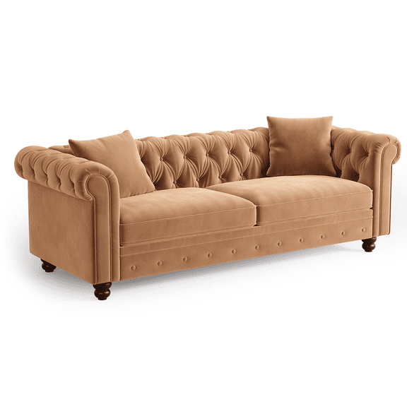 82" Chesterfield Sofa, Velvet Couch with Rolled Arms, 2 Throw Pillows, Taupe