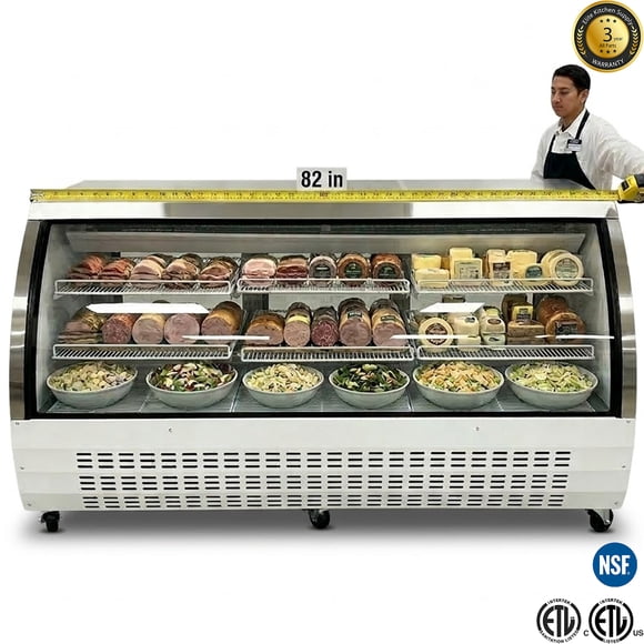 82" Commercial Refrigerated Deli Display Case Curved Glass Meat & Deli Refrigerator, Self-Contained Merchandiser with Adjustable Shelves and LED Lighting, Ideal for Grocery Stores, Butcher Shops