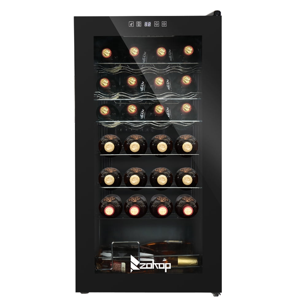 Black Freestanding Wine Cooler with Interior Lighting, 28-Bottle Capacity