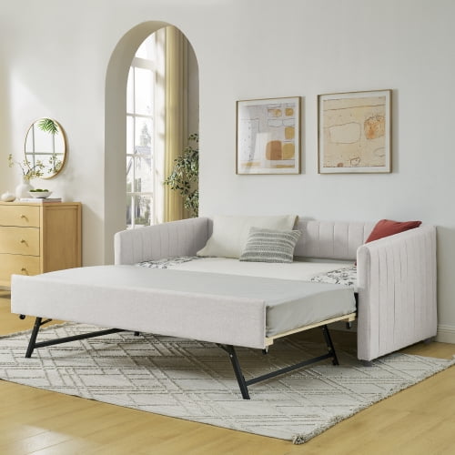 82" Daybed Sofa Bed, Pull Out Trundle Daybed, Convertible Daybed with Linen Fabric Upholstered Foam Padded Vertical Stripes Twin Over Twin Trundle for Family Rooms Offices Cafes, Beige