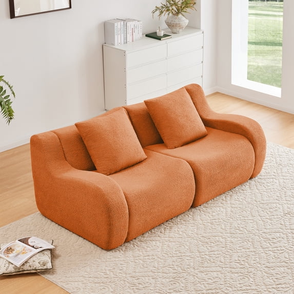 82" Deep Seat Cloud Couch, 2-Seater boneless couch, Teddy Fabric Modular Sectional Sofa, No Assembly Foam Floor Couch, Modern Living Room Sofa for Small Space Apartment Bedroom Office, Orange