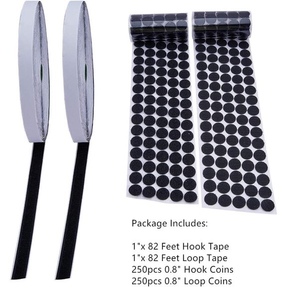 82 Feet 1" Hook & Loop Tape Roll Self Adhesive Back Fastening Strips and 250 Pairs 0.78" Diameter Sticky Back Coins Dots Tapes for Picture and Tools Hanging Pedal Board Fastening (Black)