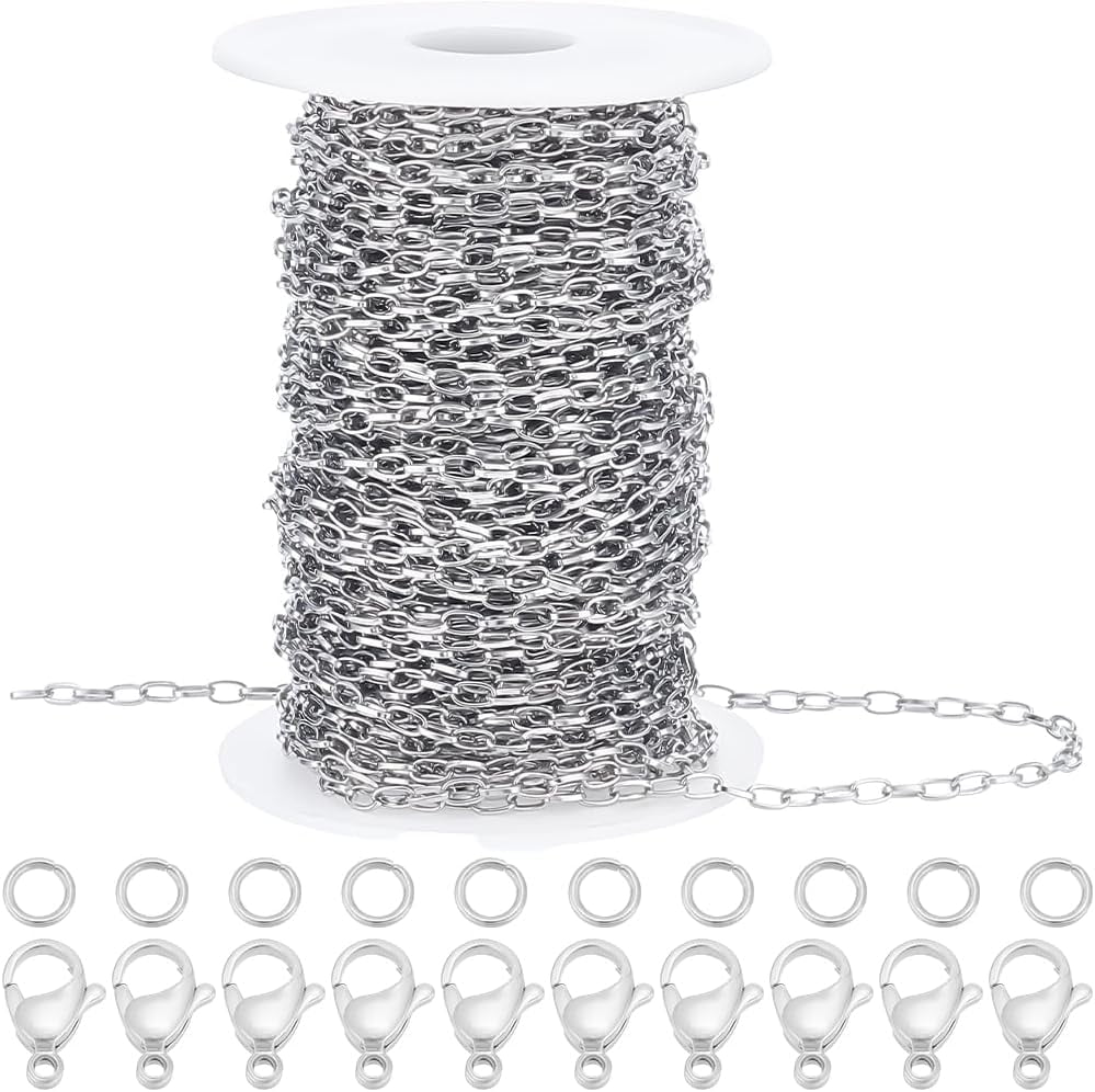 82 Feet 25m/roll 304 Stainless Steel Chains for Jewelry Making Silver Paperclip Chains Kits with 10Pcs Lobster Clasps and 30Pcs Jump Rings for DIY Bracelets Crafts grey
