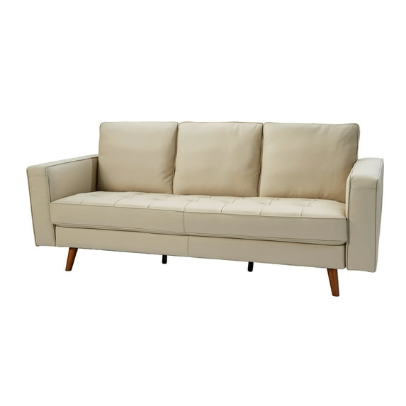 82" Genuine Leather Sofa with Wooden Legs, 3 Seat Sofa with Armrests, Solid Wood Frame Sofa for Living Room, Office, or Bedroom-BGD