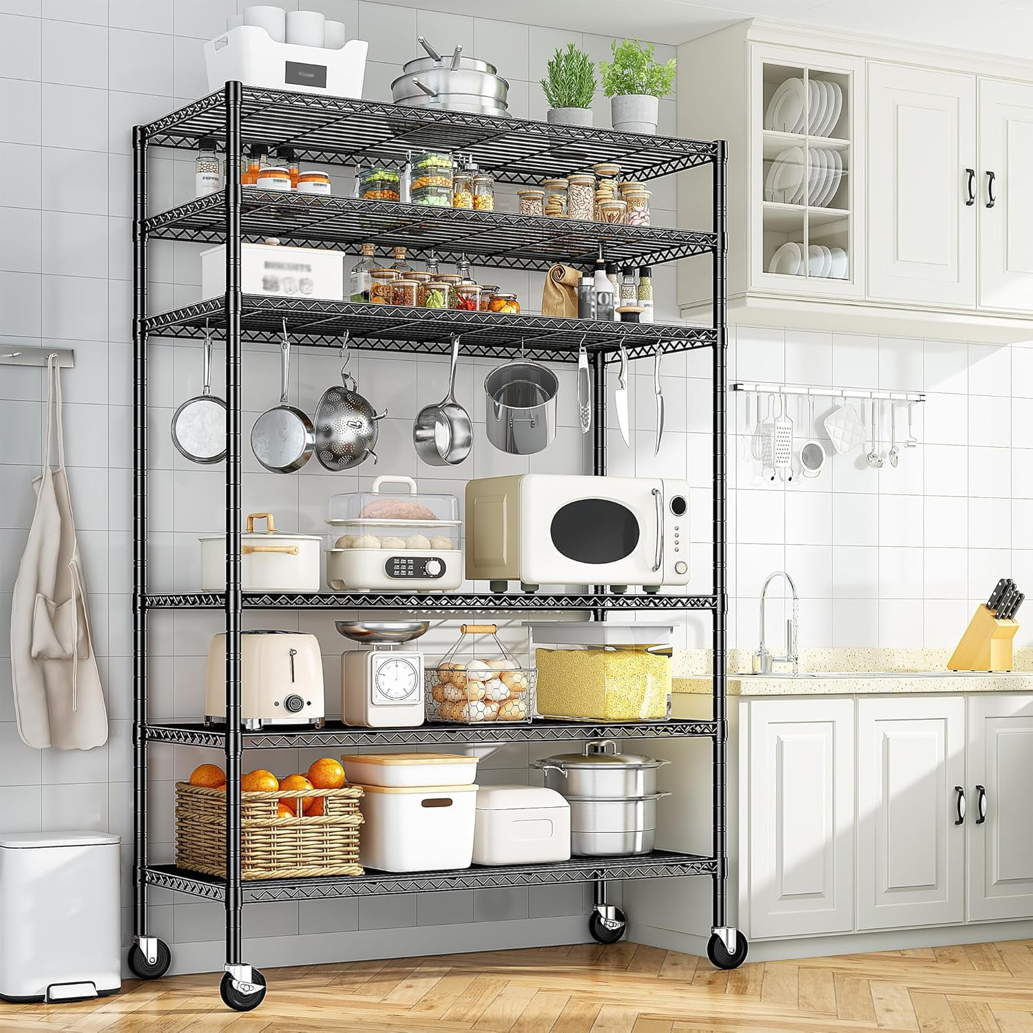 82" H X45 W X18 D Storage Shelves with Wheels, 6 Tier Wire Shelving
