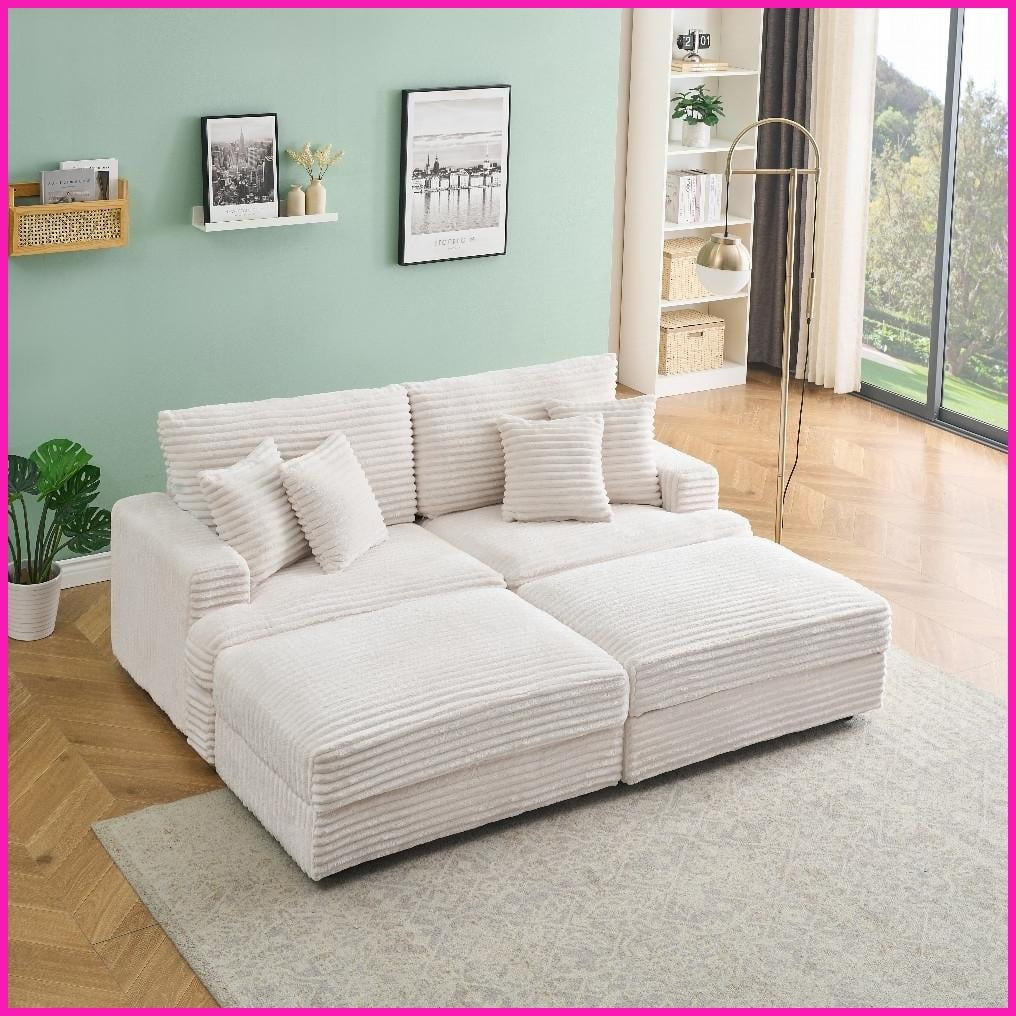 82-Inch 3-Seat Corduroy Sofa with 2 Storage Ottomans & 4 Pillows ...