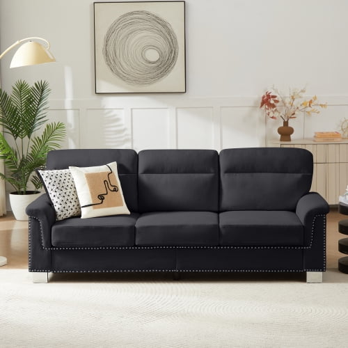 82 Inch 3-Seater Sofa, Modern Compressed Snowfleece Fabric Sofa for Living Room, Medium-Soft Couch with Rolled Arms and Nailhead Trim, Black