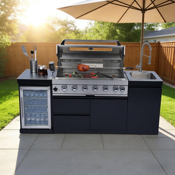 82-Inch 6-Burner 85,000 BTU Deluxe Outdoor Kitchen BBQ Island Gas Grill with Wine Cooler Refrigerator, Solid Stainless Steel Countertop, Rotisserie Kit 304 Stainless Steel Station for Patio