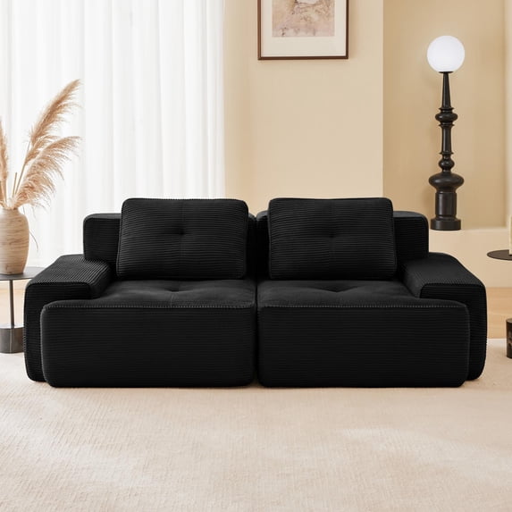 82 Inch Black Corduroy L-Shaped Sectional, Modular 2-Seater with Deep Seat, Pearl Piping and Buckle Connection, No Assembly Required