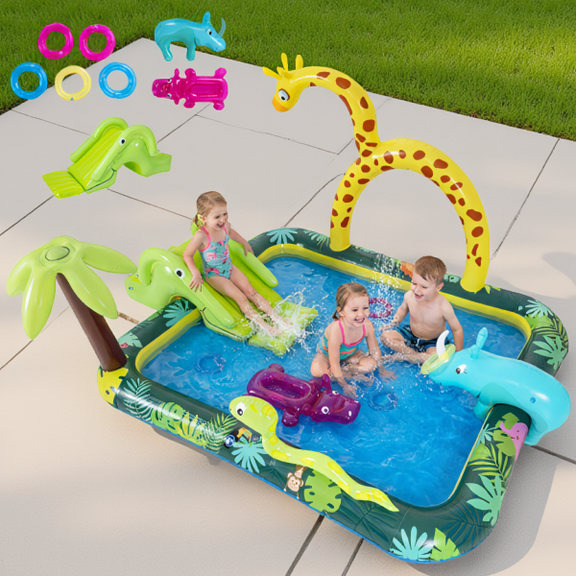 82-Inch Inflatable Water Play Center with Giraffe Sprinkler, Slide, and Ring Toss Game, Jungle Theme, Multicolor