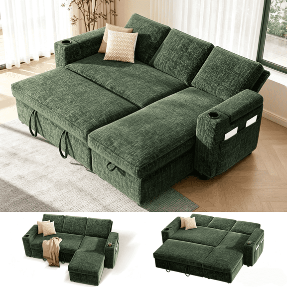 82" Inch LShaped Convertible Sleeper Sectional Sofa with PullOut Bed, Reclining Backrest, Reversible Storage Chaise, Armrest Storage, Cup Holders and Side Pockets, Green, ToolFree Assembly