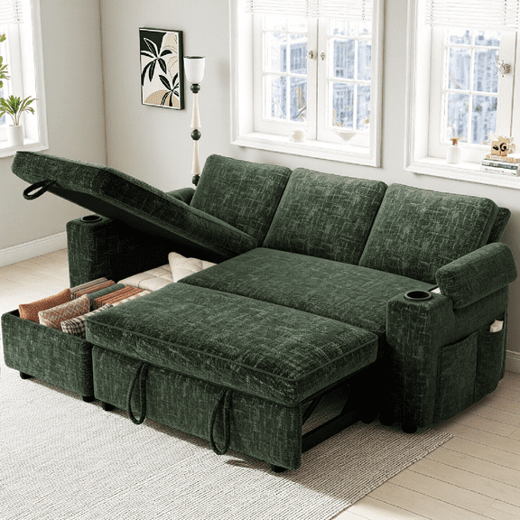 82" Inch LShaped Convertible Sleeper Sectional Sofa with PullOut Bed, Reclining Backrest, Reversible Storage Chaise, Armrest Storage, Cup Holders and Side Pockets, Green, ToolFree Assembly