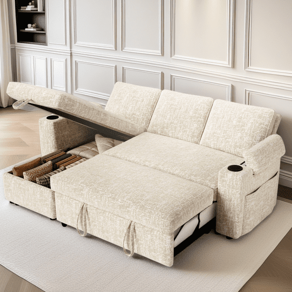 82" Inch LShaped Convertible Sleeper Sectional Sofa with PullOut Bed, Reclining Backrest, Reversible Storage Chaise, Armrest Storage, Cup Holders and Side Pockets, Beige, ToolFree Assembly