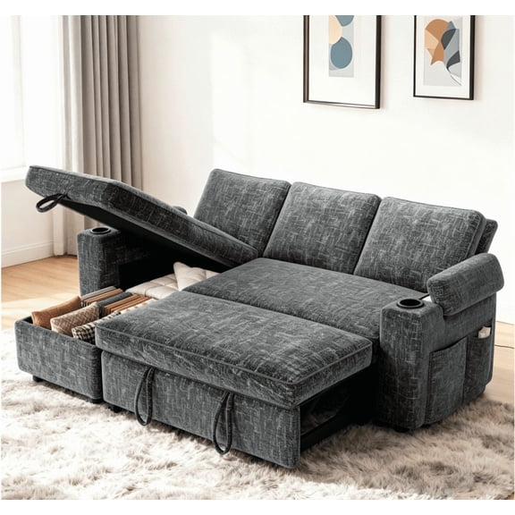 82" Inch LShaped Convertible Sleeper Sectional Sofa with PullOut Bed, Reclining Backrest, Reversible Storage Chaise, Armrest Storage, Cup Holders and Side Pockets, Grey, ToolFree Assembly
