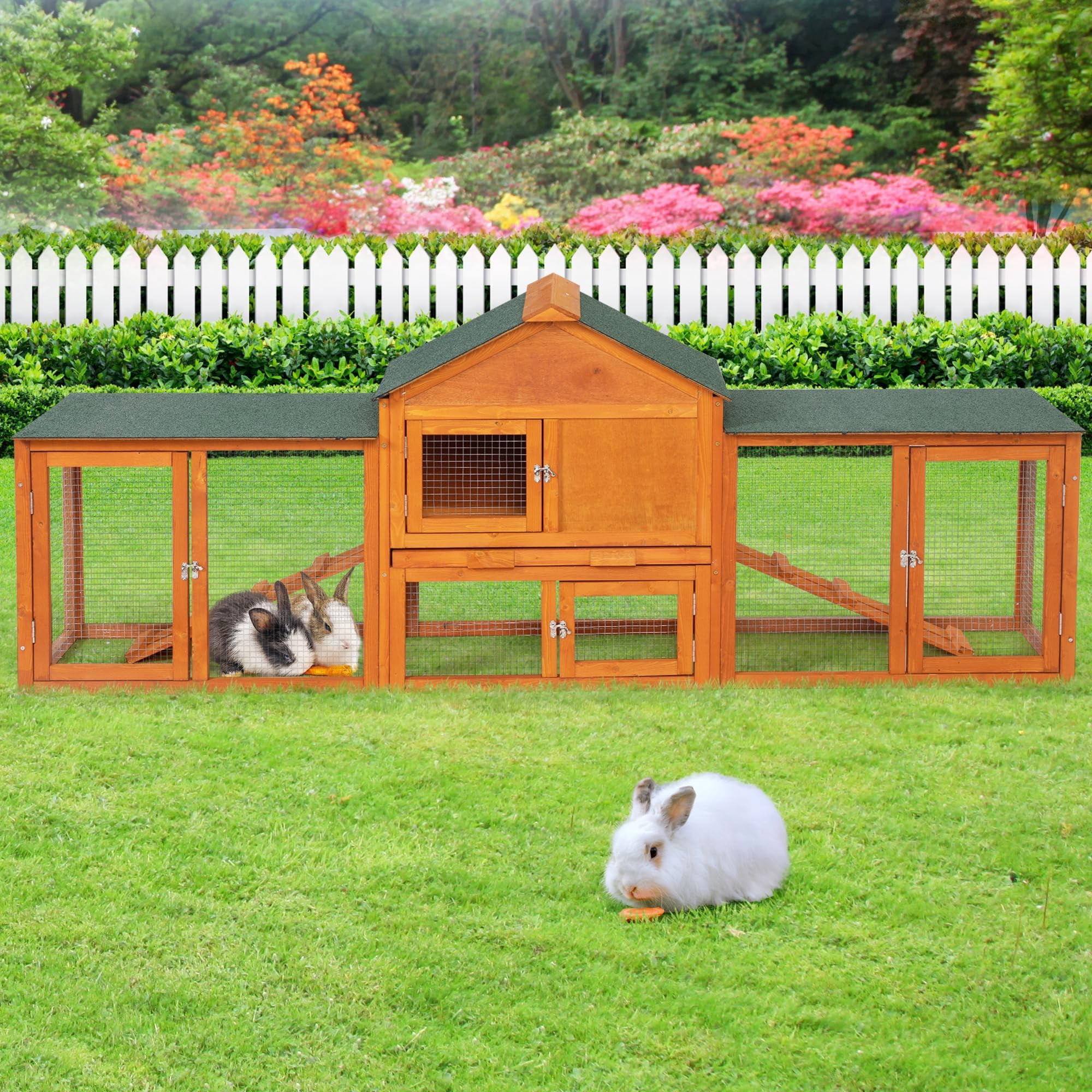 82 Inch Large Wooden Rabbit Hutch Bunny Cage Indoor Outdoor Easy Assemble Durable with Pull Out Cleaning Tray Waterproof Roof for Small Medium Pets Duck Chick Guinea Pig, Orange