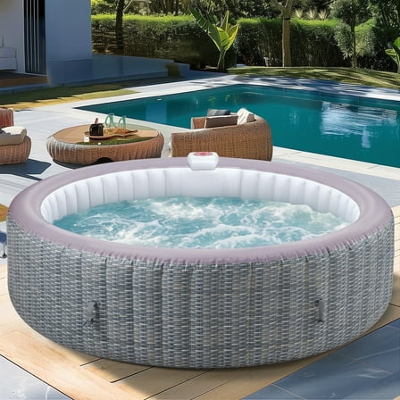 82'' Inflatable Hot Tub, Portable Hot Tub for Home Spa, Outdoor Round Hot Tub W/130pcs Jets, 6 Person Inflatable Pool with Heating, 4 Filters, 2 Cup Holders