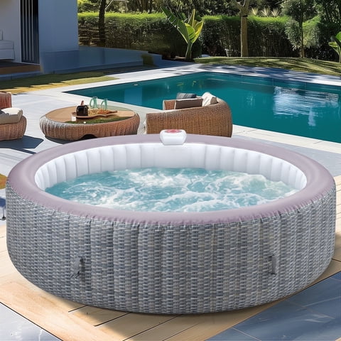 82'' Inflatable Hot Tub, Portable Hot Tub for Home Spa, Outdoor Round Hot Tub W/130pcs Jets, 6 Person Inflatable Pool with Heating, 4 Filters, 2 Cup Holders