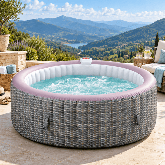 82'' Inflatable Hot Tub, Portable Hot Tub for Home Spa, Outdoor Round Hot Tub W/130pcs Jets, 6 Person Inflatable Pool with Heating, 4 Filters, 2 Cup Holders